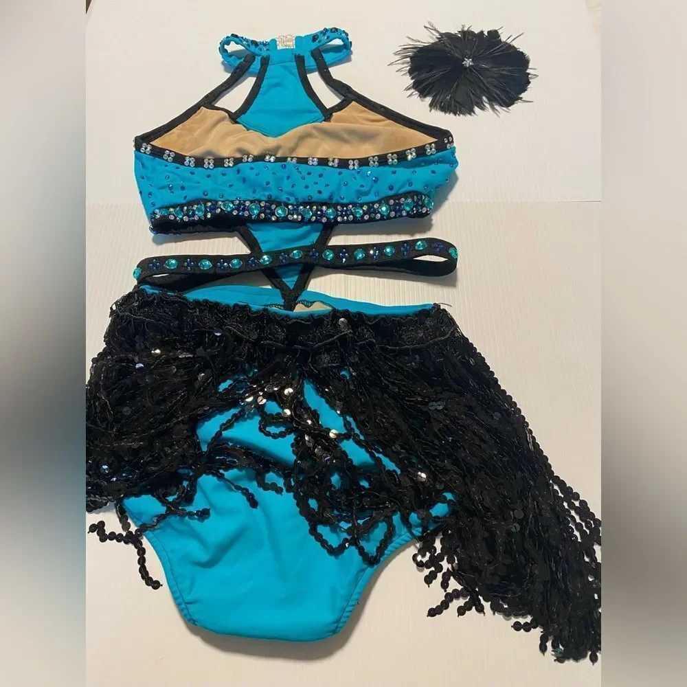 Rare Glamour competition solo dance costume teal fringe sassy jazz SA adult